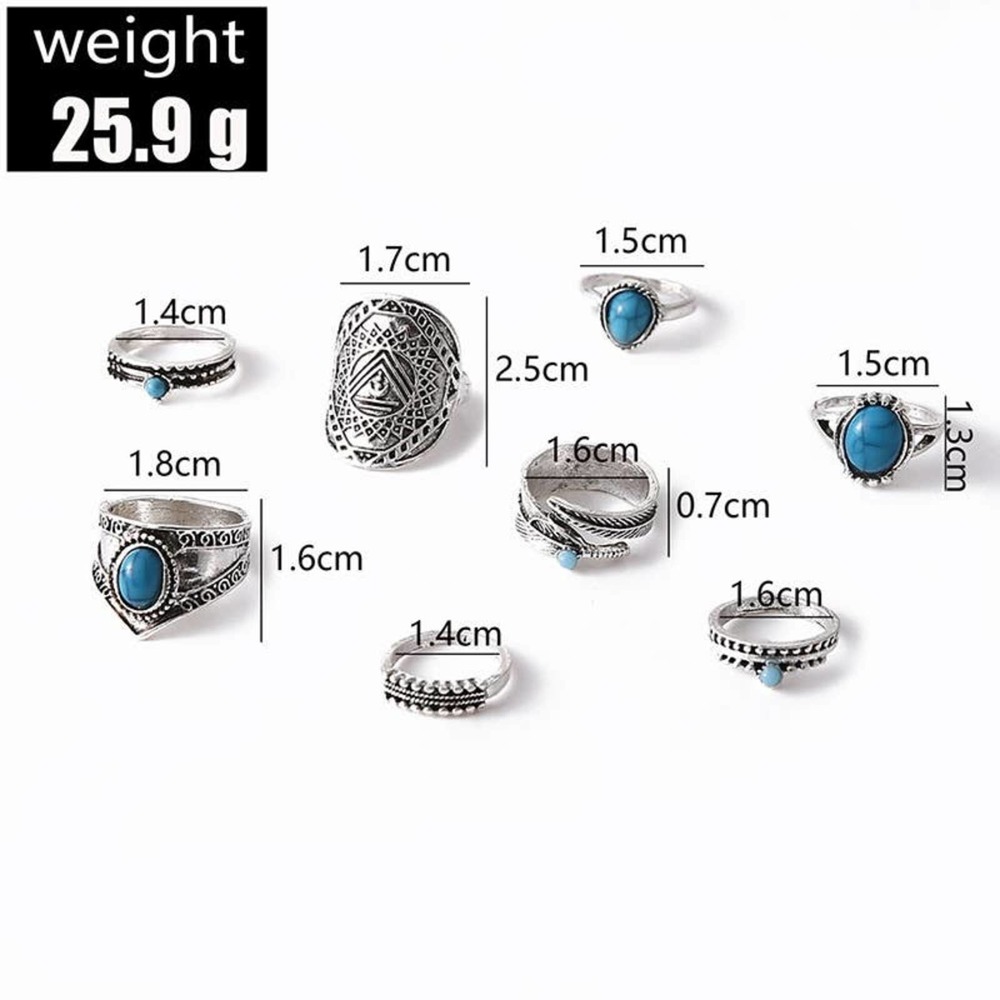 Vintage Style Water Droplets Alloy Stuffed Turquoise Women Rings Set of 8 Pieces - Picture 4 of 7